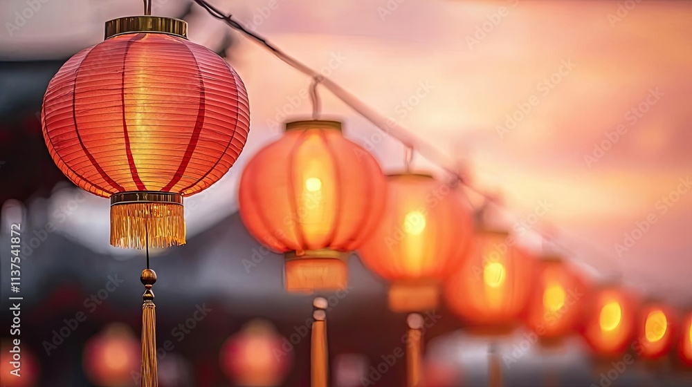 Poster chinese lanterns idea. a series of illuminated red lanterns hanging against a beautiful sunset sky.