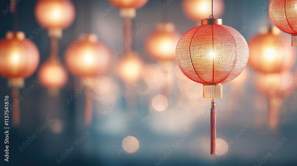 Poster chinese lanterns idea. beautifully illuminated red lanterns hanging, creating a warm, festive atmosp