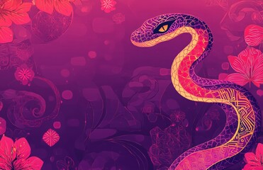 Obraz premium purple background with a red snake pattern with text 2025, line drawing of the year of the dragon in ancient China, Chinese New Year elements, poster title Year of the Snake, Chinese zodiac sign snake