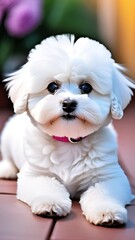 Obraz premium a white dog with a pink collar is sitting on a red surface.