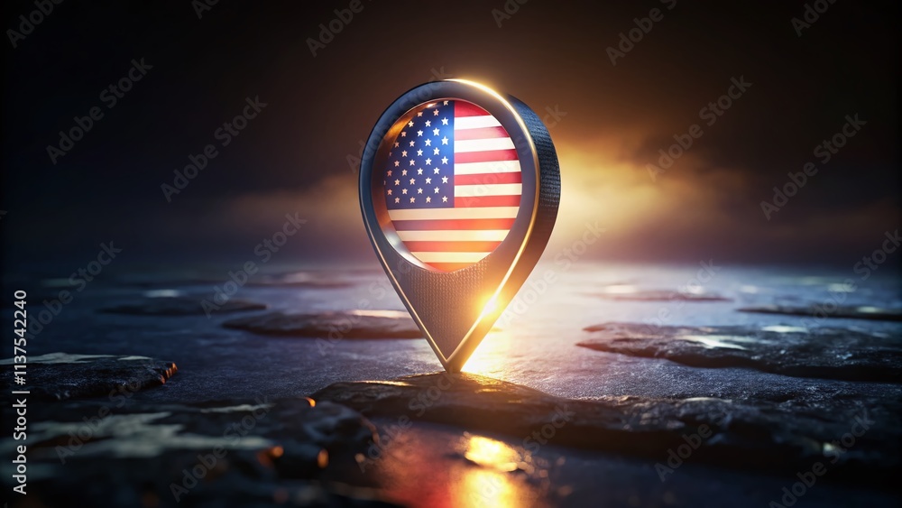 Poster low light flag map pointer sign - night navigation, dark map pin, illuminated signpost, street sign 