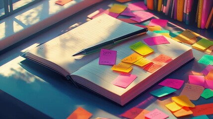 Open notebook with colorful sticky notes and pen symbolizes organization, productivity, creative ideas, and efficient planning for business or personal use
