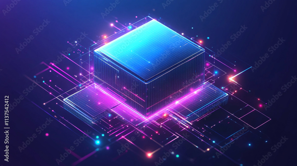 Aufkleber futuristic digital grid with glowing cubes and interconnected lines, blockchain technologies: digita