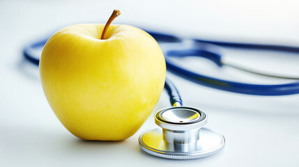 Yellow apple with stethoscope isolated on white background