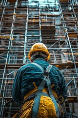 Fototapeta premium A structural engineer evaluating the stability of a building framework. The structure is surrounded by scaffolding, Generative AI