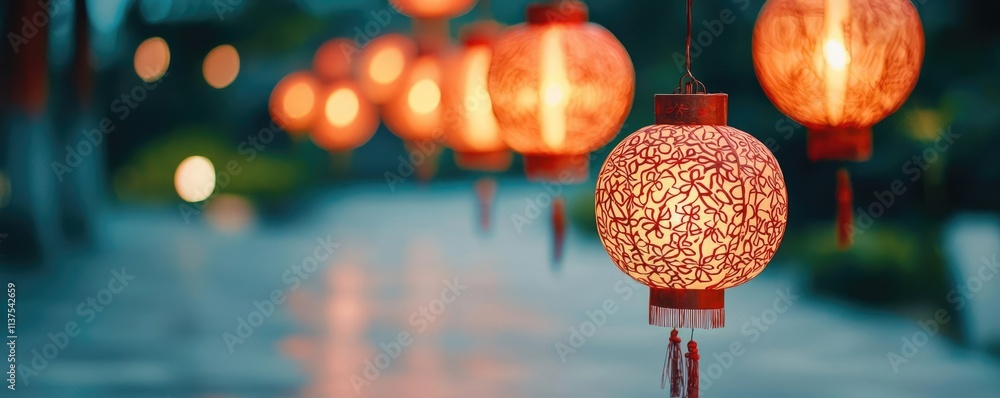 Poster chinese lanterns idea. decorative lanterns illuminate a serene night with soft, glowing light.