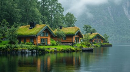 Obraz premium Scenic lakeside cottages with green roofs surrounded by trees and mountains.