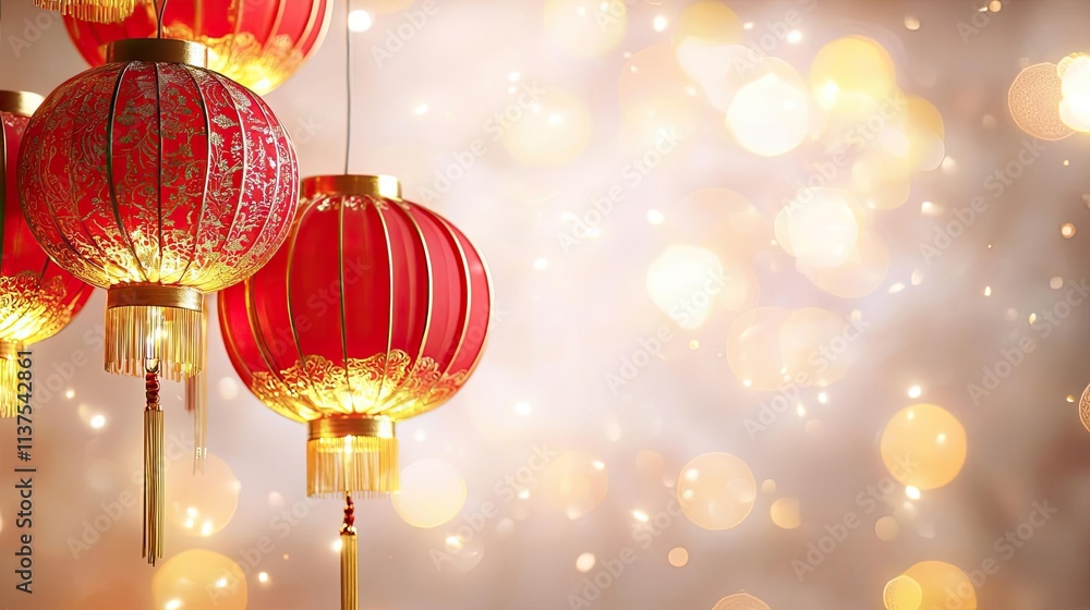 Poster chinese lanterns idea. vibrant red lanterns glowing against a soft backdrop, creating a festive ambi