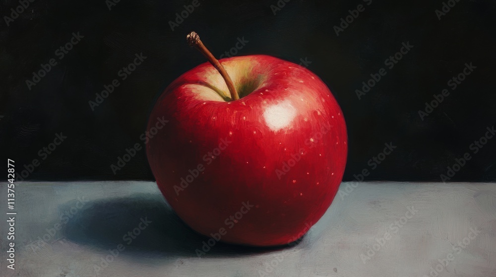 Poster a minimalist image of a vibrant red apple placed on a textured surface with a dark background. the l