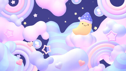 3D render cute moon in the rainbow sky.