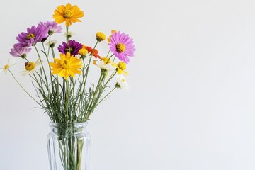 Obraz premium A Bouquet of Colorful Flowers in a Glass Vase Against a White Background
