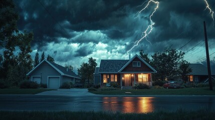 House illuminated at night with lightning striking overhead, under dark storm clouds, creating a dramatic, moody atmosphere