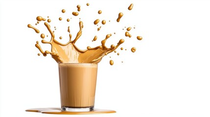 A photostock of a golden splash of coffee or tea, frozen in motion, on a white background, dynamic and eye-catching, High Quality