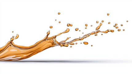 A photostock of a golden splash of coffee or tea, frozen in motion, on a white background, dynamic and eye-catching, High Quality