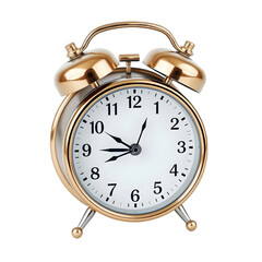 A detailed 3D alarm clock with classic bells and a white face, placed on a clean white background