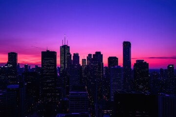 Fototapeta premium A Cityscape of Silhouetted Buildings at Dusk with a Vibrant Purple and Pink Sky