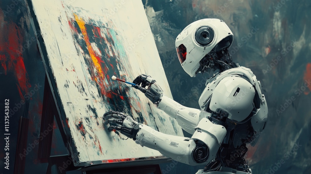 Poster a humanoid robot meticulously paints an abstract artwork on a canvas in a creative setting. the cont
