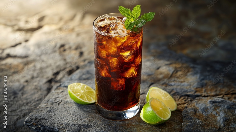 Poster refreshing cold beverage with ice and mint on rustic stone surface