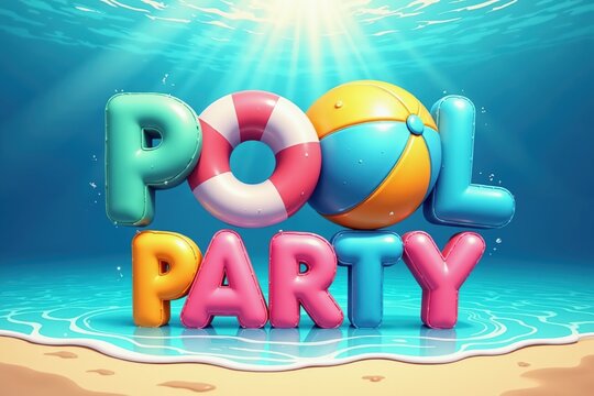 Vibrant pool party scene with colorful inflatable letters and beach ball underwater