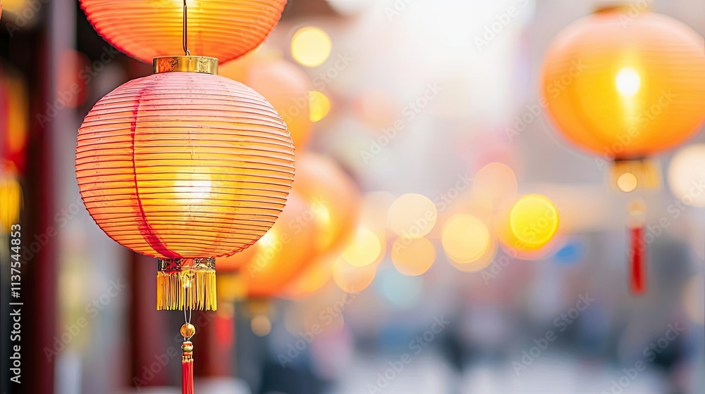 Poster chinese lanterns idea. vibrant red lanterns illuminate a festive street, creating a warm, inviting a