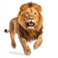 Obraz premium A photostock of a lion mid-stride, isolated on a clean white background, majestic and powerful, High Quality