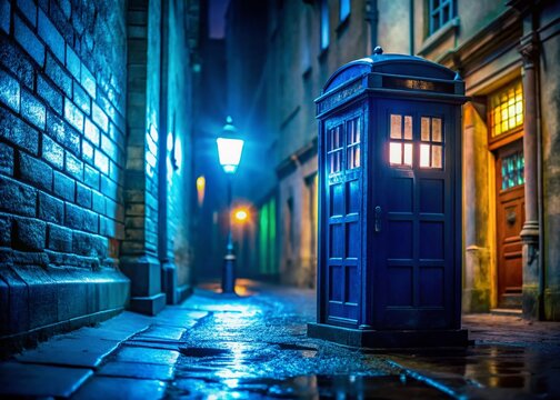 Low Light Tardis Time Machine Sci-Fi Photography, Dark Blue Box, Mysterious Time Travel Scene, Futuristic Background Image