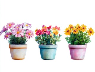Fototapeta premium Three potted flowers on white