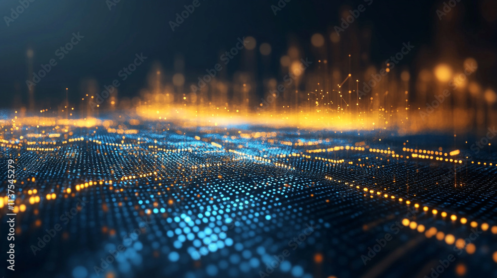 Poster abstract digital background with glowing lines and particles in orange, abstract digital business la