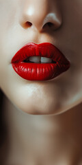 Photo of juicy female lips with vibrant red color, perfect for a beauty industry banner.