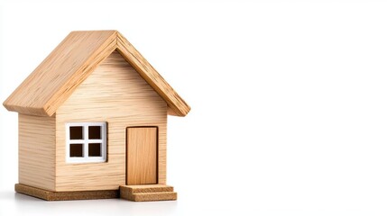 A photostock of a miniature model home made of natural wood, isolated on a clean white background, symbolic and charming, High Quality