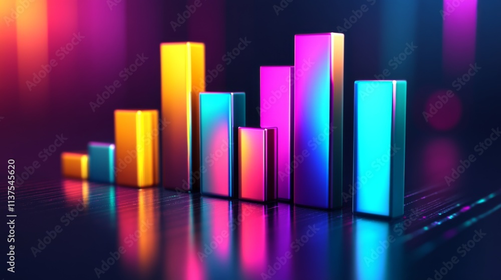 Poster vibrant bar graph structure with glowing neon colors and reflection