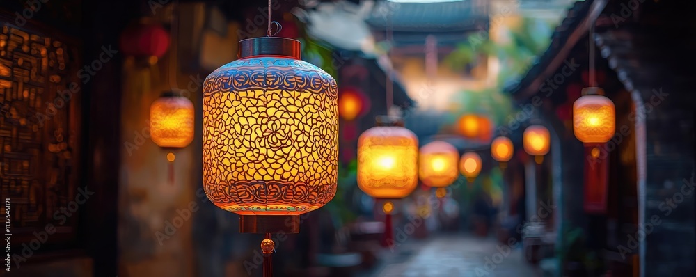 Poster chinese lanterns idea. beautiful paper lanterns illuminate a charming alleyway in a traditional sett