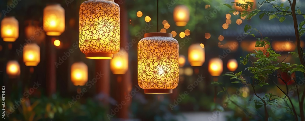 Poster chinese lanterns idea. beautiful lanterns illuminate a serene outdoor space, creating a tranquil amb