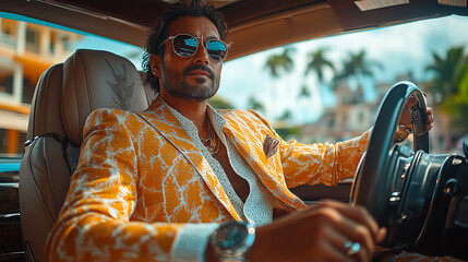 Naklejka premium Indian man riding in an expensive car, sitting in the driver's seat of a luxury sports car, dressed in a stylish suit and sunglasses.