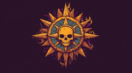 Illustration skull head and compass design with fiery accents