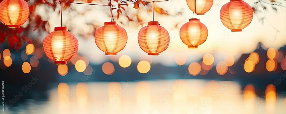 Poster chinese lanterns idea. colorful lanterns illuminate the evening by the tranquil water, creating a wa
