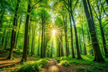 Obraz premium Lush Green Forest Panoramic Wallpaper, Nature Scenery, Forest Background Image, Panoramic View, Green Trees, Woodland Photography