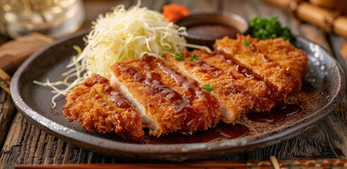 Crispy fried pork cutlet with cabbage garnish