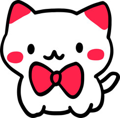 Cute Cartoon Cat with Red Bow Tie and Cheeks - Adorable Kawaii White Kitty Illustration