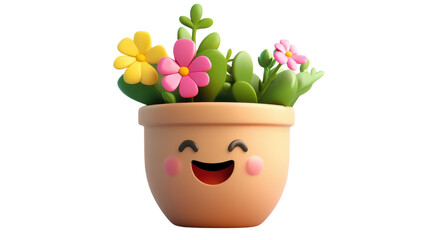 A cheerful smiling plant pot filled with colorful flowers in a whimsical design, set against a transparent background.