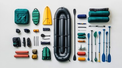 Organized gear lay flat with inflatable raft, paddles, safety items.