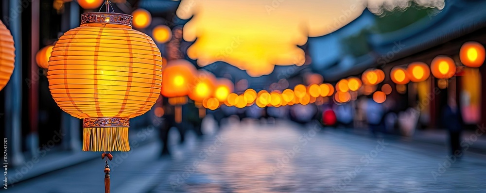 Poster chinese lanterns idea. beautiful glowing lanterns illuminate a vibrant street at dusk, creating a ma