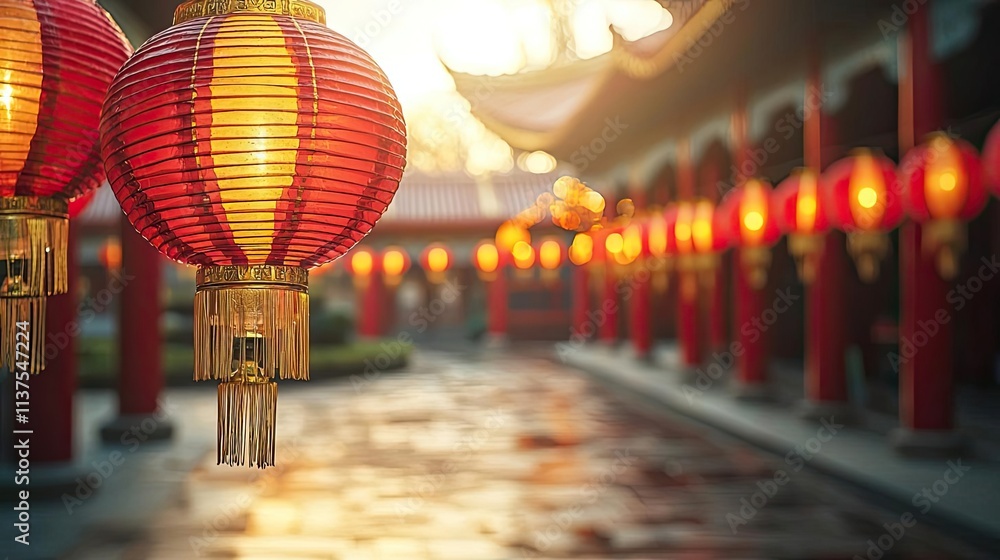 Poster chinese lanterns idea. a serene pathway adorned with vibrant red lanterns, evoking festive spirit an