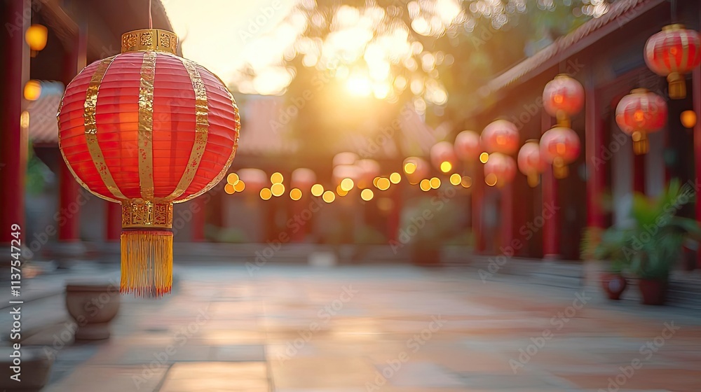 Aufkleber chinese lanterns idea. warming sunset illuminating traditional lanterns in a serene courtyard settin