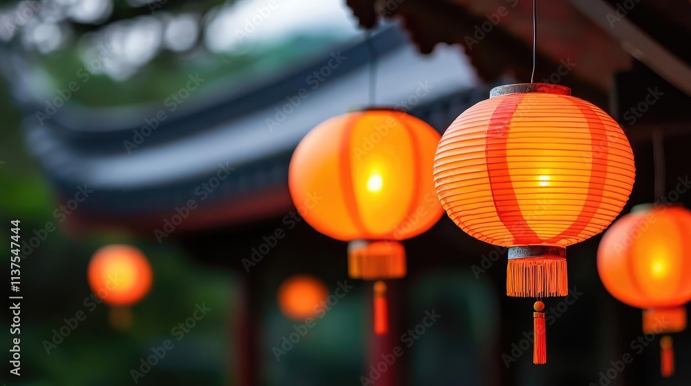Poster chinese lanterns idea. vibrant red lanterns illuminated at dusk in a traditional setting, enhancing 