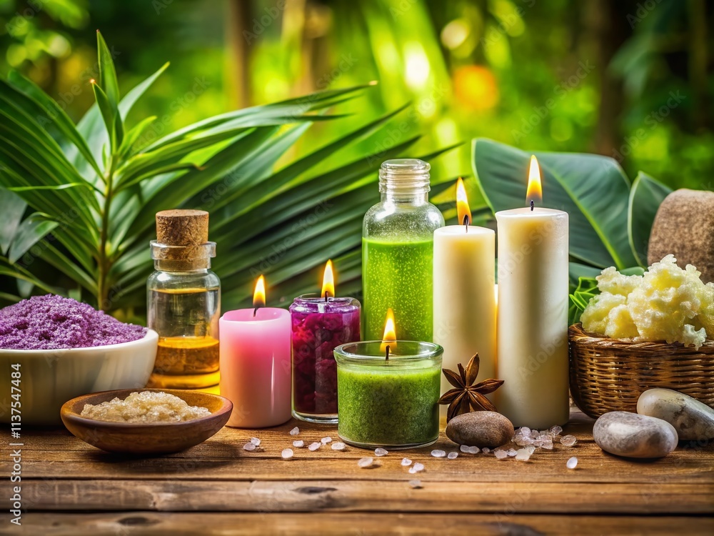 Poster luxurious spa products arranged elegantly in a serene natural setting with soft lighting and tranqui