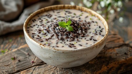 Creamy bowl of black sesame soup with garnish