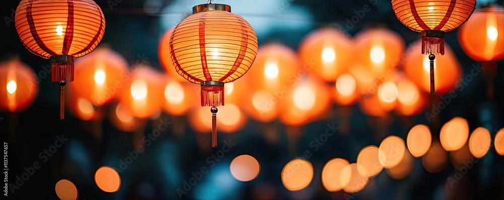 Poster chinese lanterns idea. vibrant red lanterns glowing softly, creating a festive and inviting atmosphe