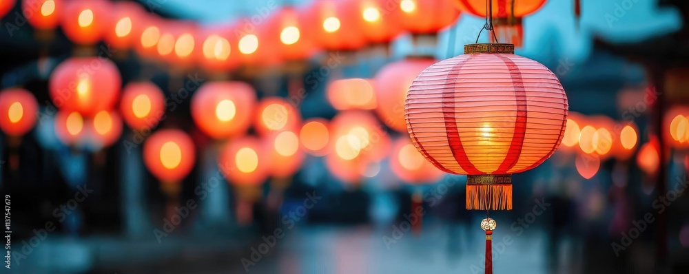 Poster Chinese lanterns idea. Beautifully illuminated red lanterns creating a vibrant festive atmosphere at twilight.