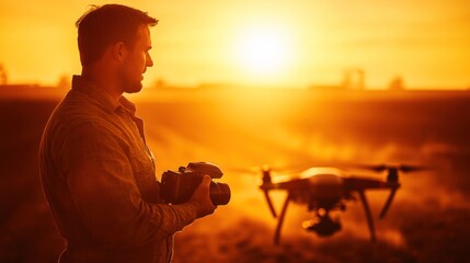 Fototapeta premium Man controls drone flying over golden sunset field.